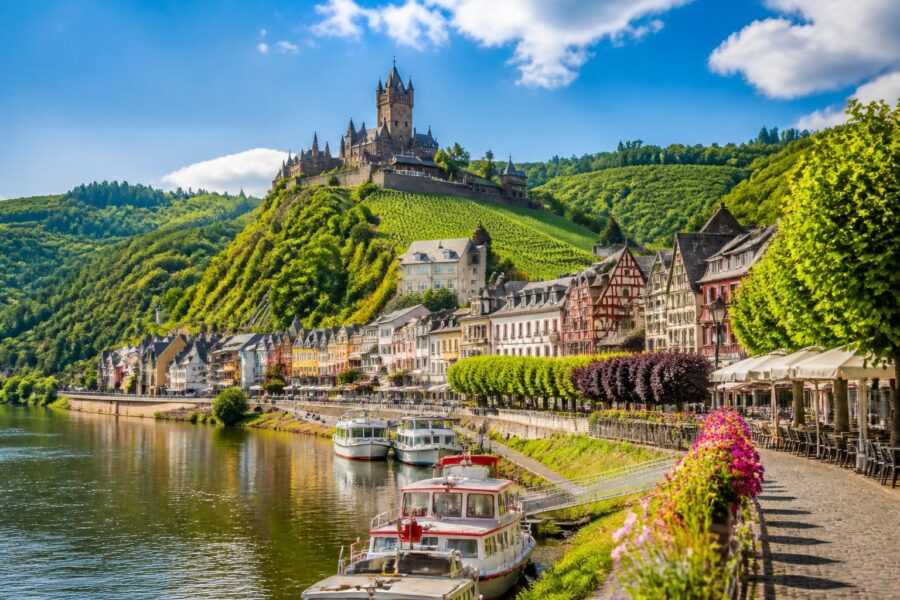 Vista da cidade de Cochem na Alemanha com o castelo Reichsburg no topo da colina, o rio Mosela e casas tradicionais ao redor.