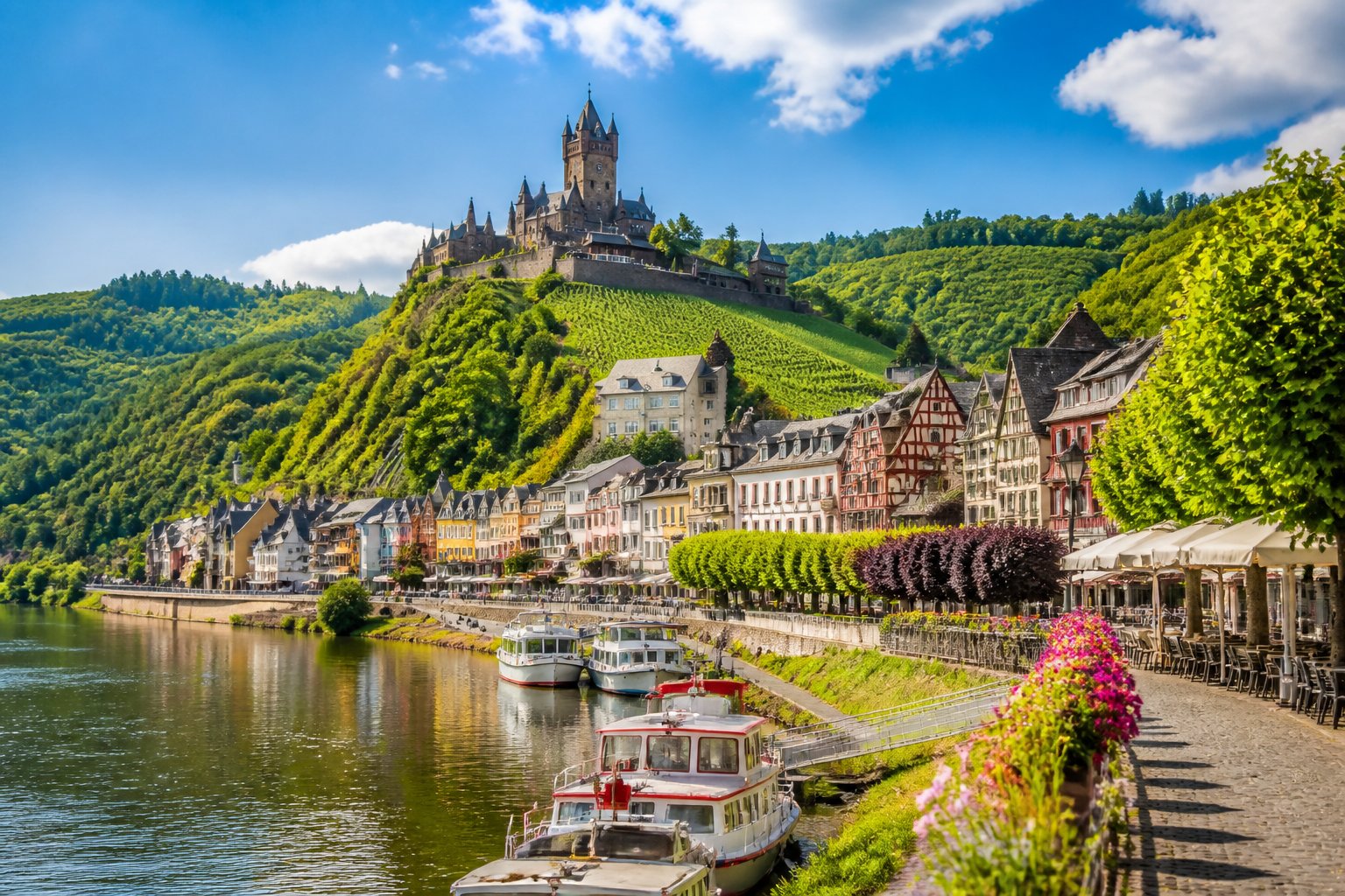 Vista da cidade de Cochem na Alemanha com o castelo Reichsburg no topo da colina, o rio Mosela e casas tradicionais ao redor.