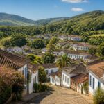 Vista panorâmica da cidade de Santana dos Montes cercada por colinas verdes, com casas coloniais de telhados vermelhos e vegetação ao redor.