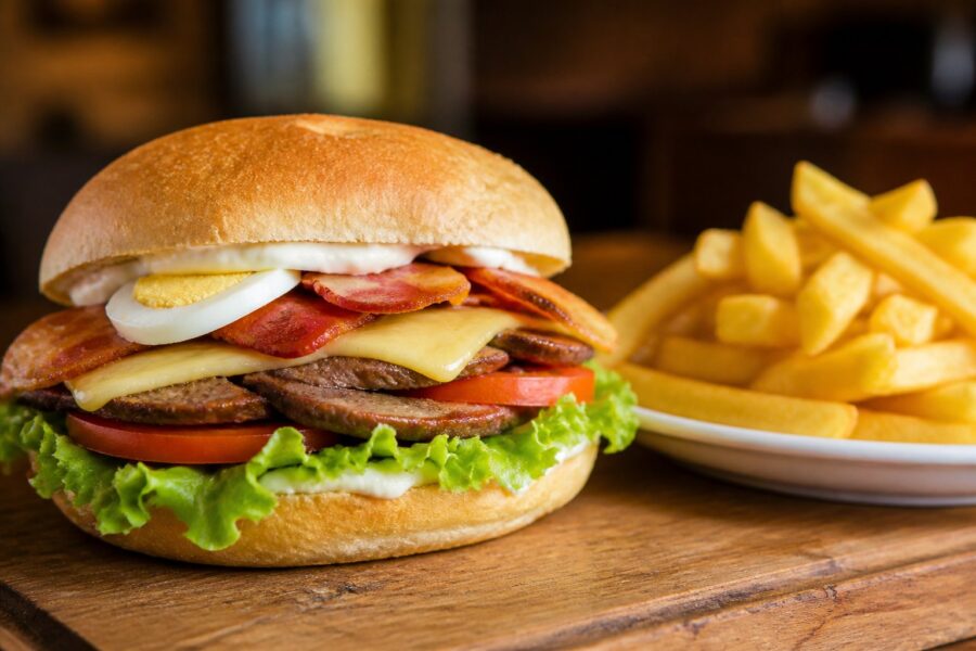 Sanduíche chivito com carne grelhada, queijo, bacon, alface, tomate, ovo e maionese, acompanhado de batatas fritas em um prato branco sobre uma mesa de madeira.