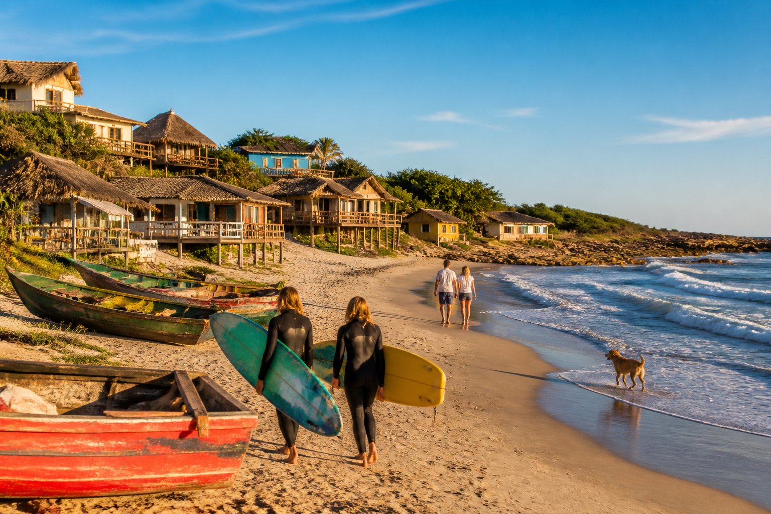 Praia de Punta del Diablo com surfistas, barcos de pesca na areia, casas à beira-mar e pessoas caminhando na praia sob céu azul.