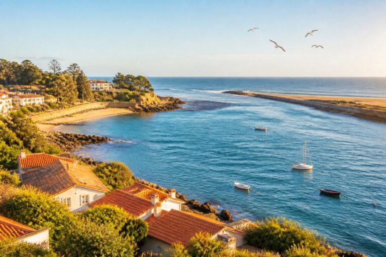 Vista da foz do rio Douro encontrando o oceano Atlântico com casas tradicionais, praia, pedras e barcos no mar sob um céu claro.