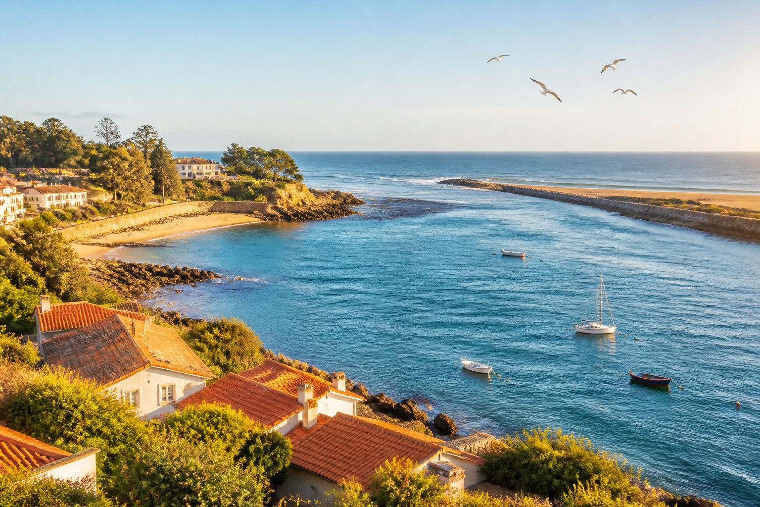 Vista da foz do rio Douro encontrando o oceano Atlântico com casas tradicionais, praia, pedras e barcos no mar sob um céu claro.