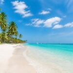 Praia de Bávaro com areia branca, água turquesa, coqueiros e céu azul com poucas nuvens.