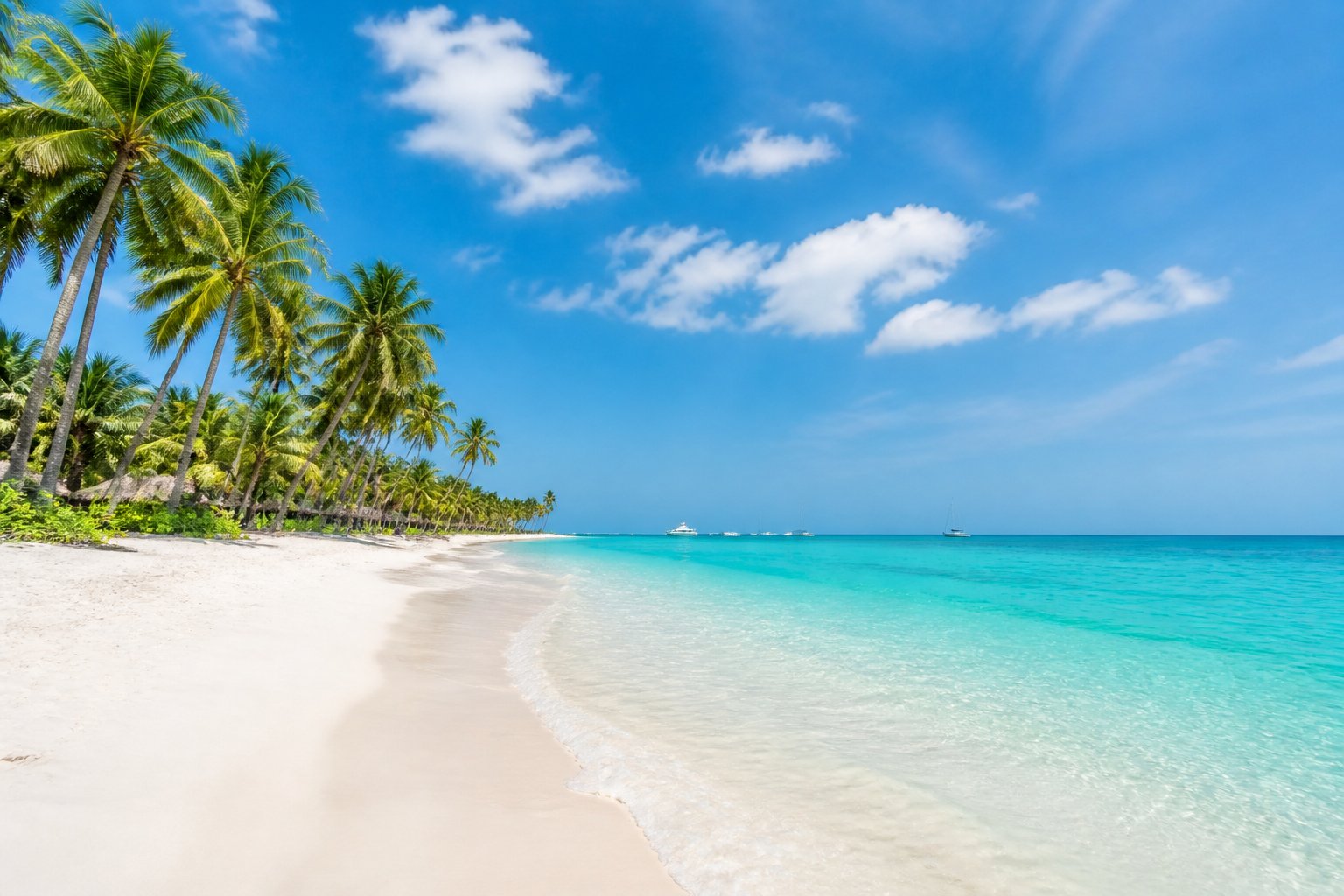 Praia de Bávaro com areia branca, água turquesa, coqueiros e céu azul com poucas nuvens.