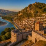 Vista panorâmica da cidade histórica de Berat, Albânia, com casas brancas e telhados vermelhos em uma colina, castelo antigo e rio ao fundo.