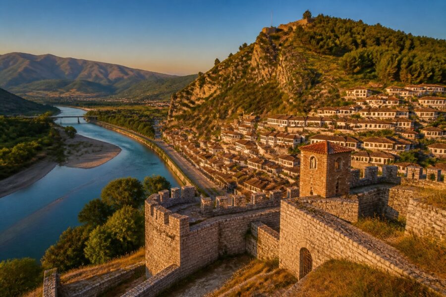 Vista panorâmica da cidade histórica de Berat, Albânia, com casas brancas e telhados vermelhos em uma colina, castelo antigo e rio ao fundo.