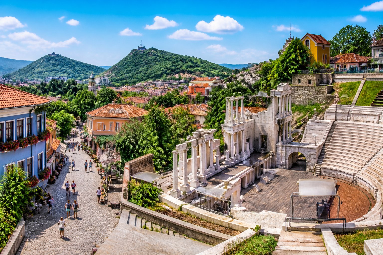 Teatro romano antigo em Plovdiv com casas coloridas ao redor e pessoas caminhando pelas ruas de pedra sob céu azul.