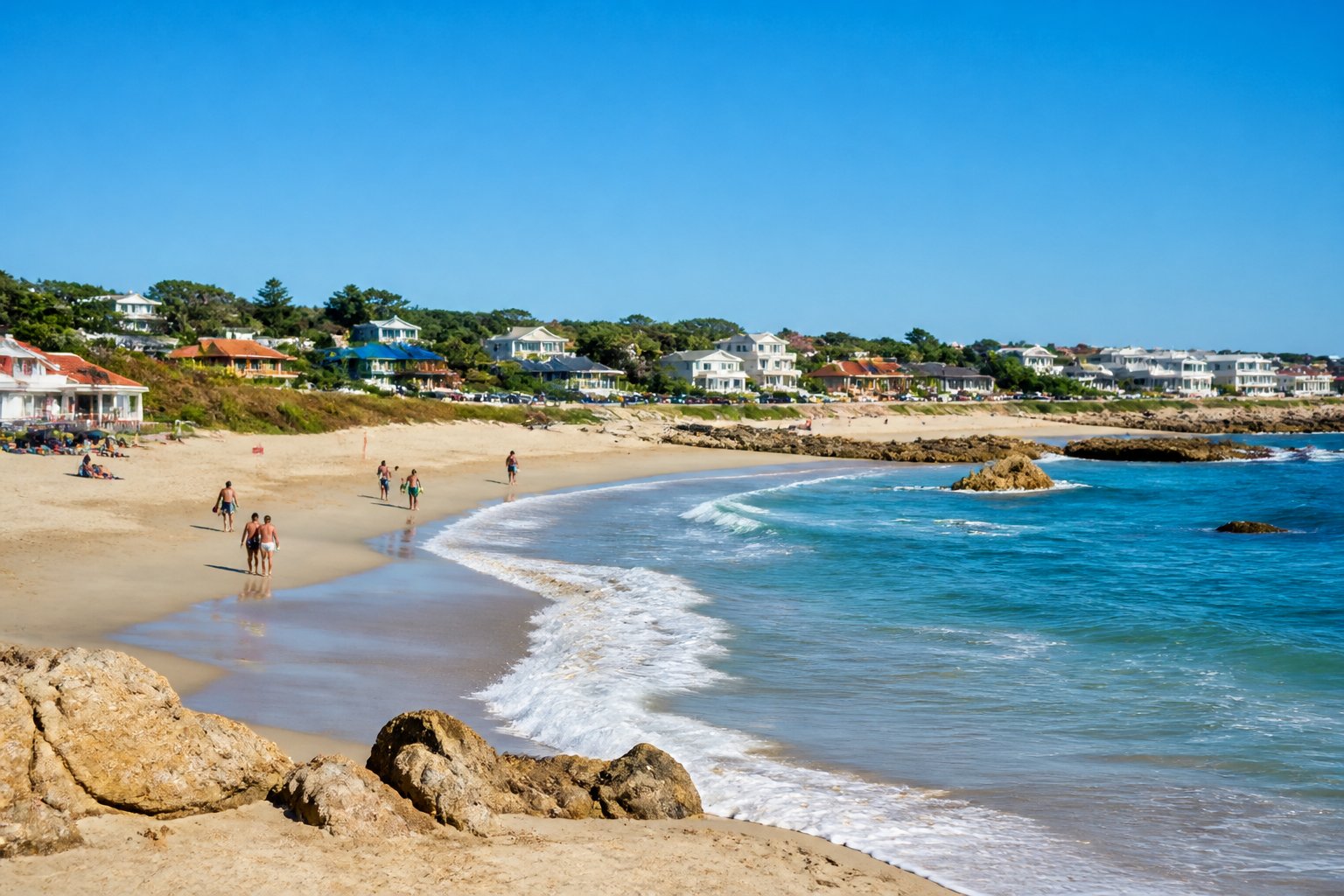 Praia tranquila em La Paloma, Uruguai, com areia, mar calmo, casas ao fundo e céu azul.